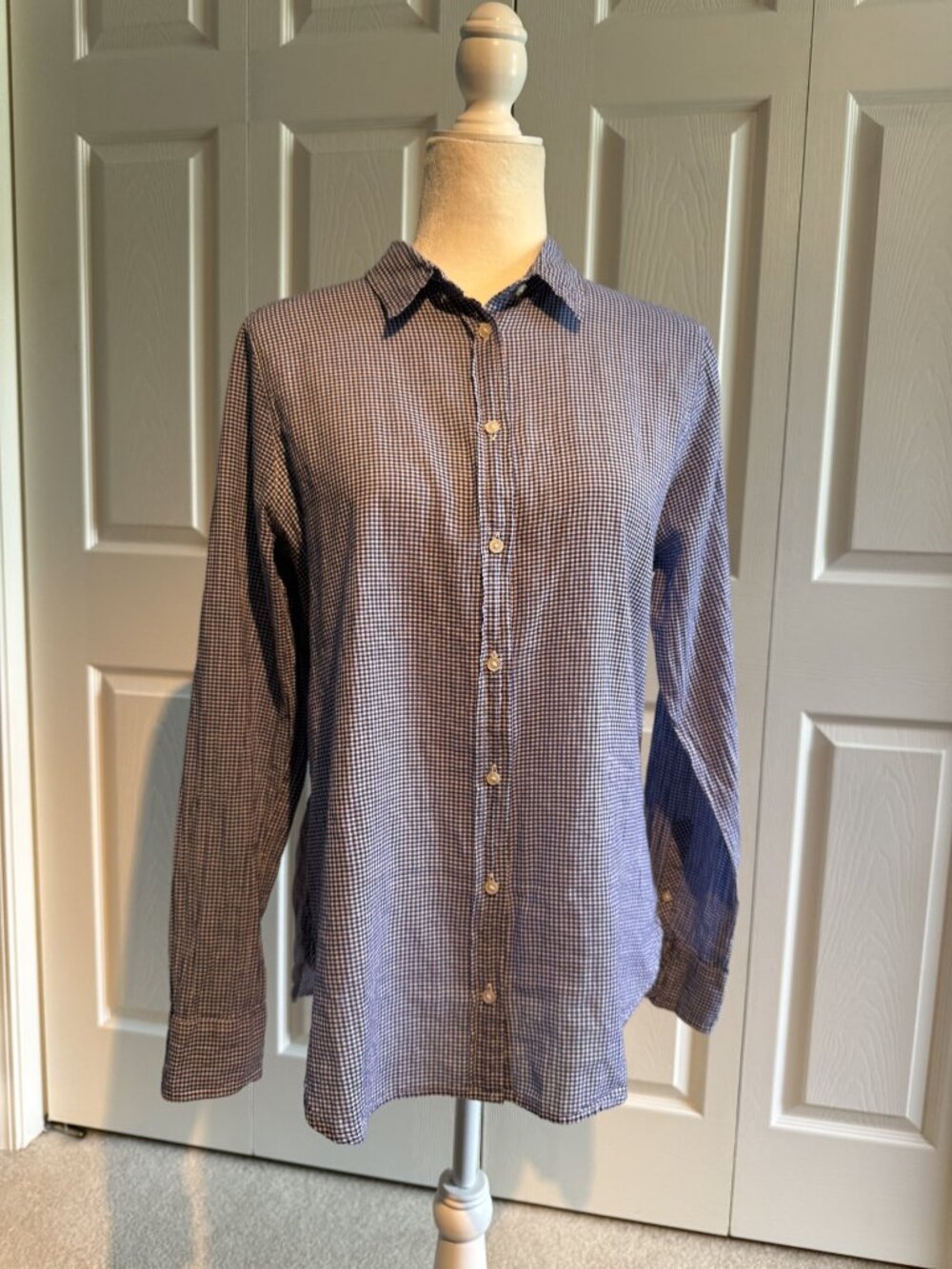 J Crew Women's Classic Button-Up Shirt Blue White Gingham Long Sleeve Cotton 10
